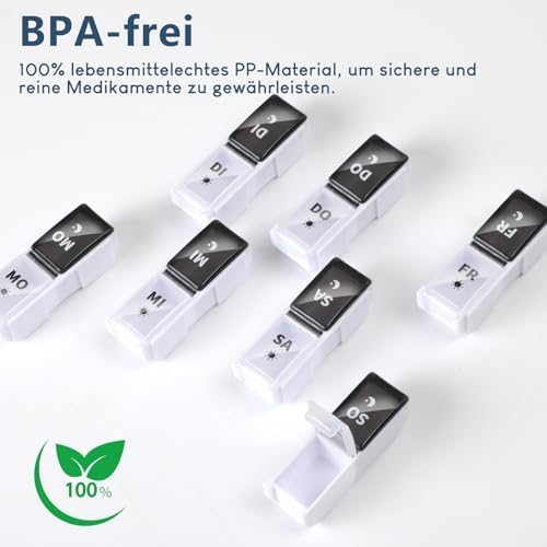 JANUIXCO Tablettenbox 7 Tage Morgens Abends - Pillendose 7 Tage 2 Fächer Abnehmbar, Frei von BPA - Medikamentenbox 14 Fächer Einfach zu Öffnen, für Unterwegs (Schwarz Weiß)