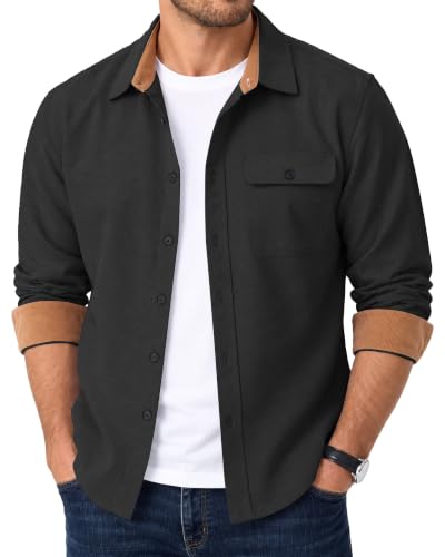 Ntrlv Mens Flannel Shirts Long Sleeve Button Down with Flap Pockets Black | 100% Cotton,Shacket, Overshirt,Corduroy Lined Inside Neck and Cuffs,Soft,Lightweight,Casual,Outdoor,Work,Fall Winter Clothes