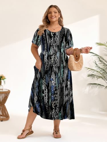 Image of LARACE Plus Size Dresses for Women Summer Maxi Casual Dress with Pockets | plus size summer dresses women, soft rayon, flowy maxi, short sleeve, pockets, flattering & covers belly, beach wear, L-6XL