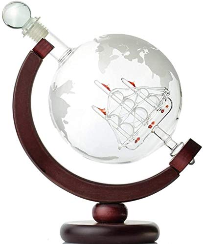 Décanteur de whisky globe gravé 850ML avec base en bois pour alcool et bourbon