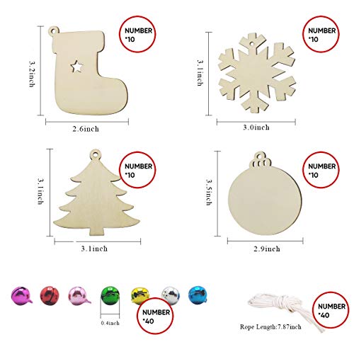 Hidreas 40PCS Christmas Crafts Unfinished Wooden Christmas Ornaments Kit, DIY Ornaments Crafts with 40PCS Colorful Bells and 40PCS Wax Rope for Holiday Decoration and DIY Craft Making