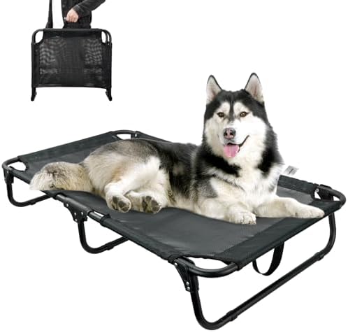 Foldable Elevated Dog Bed, No Assembly Need, Waterproof Folding Raised Dog Bed, Outdoor Dogs Cot Cooling Pet Hammock Bed with Breathable Mesh for Small Medium Size Dogs, Chew-Proof, Black