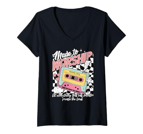 Mujer Retro Cassette Made to Worship Salms 150:6 Música cristiana Camiseta Cuello V