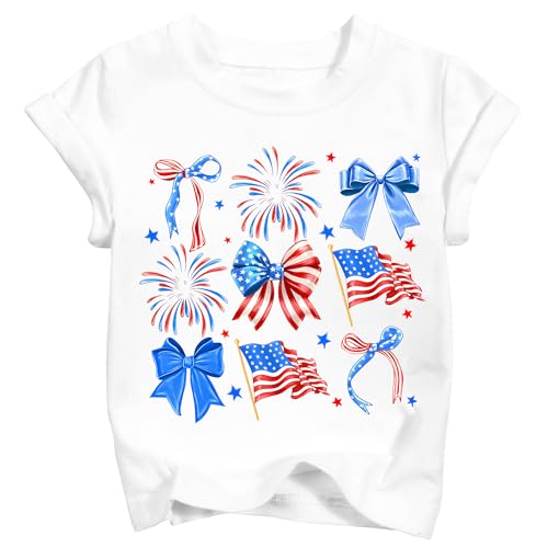 Igaqk Girls Patriotic Shirt Kid Red White Blue America Flag Bow T-Shirts Toddler 250th Fourth of July Tee 2026 White (6-7T)