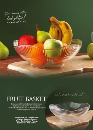 Image of BUNTYCHIKU Fruit Storage Basket for Dining Table - Acrylic Transparent Ribbed Wavy Edge Serving Bowl for Salad, Fruits & Snacks, Multipurpose Heavy Fruit Baskets for Home Kitchen & Restaurant [ 1PCS ]