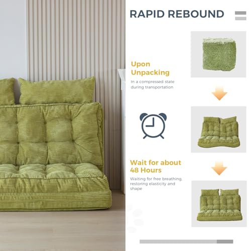 Image of MAXYOYO Folding Sofa Bed, Tufted Bean Bag Bed with Pillows Floor Couch for Adults, Extra Thick and Long Floor Sofa, Full Floor Couch Bed for Bedroom Living Room, Green, 54x91 Inch