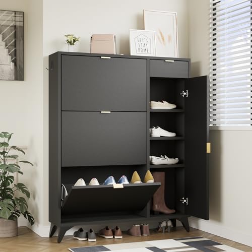 ARTETHYS Slim Shoe Storage Cabinet with Door Black Narrow Shoes Organizer with 3 Flip Drawers Boot Rack for Entryway 22 Pairs