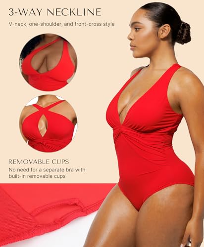 Image of SHAPELLX Women's One Piece Swimsuit Tummy Control Ruched Full Coverage Bathing Suit V Neck Slimming Swimwear