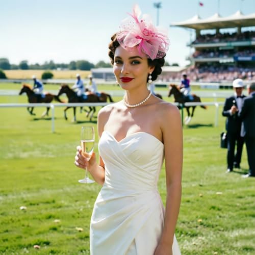 Image of DRESHOW Fascinators Hat Flower Mesh Ribbons Feathers on a Headband and a Clip Tea Party Headwear for Girls and Women