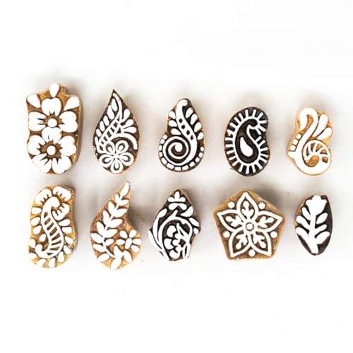 Image of Wooden Indian Traditional Design Printing Stamps /Blocks for Printing Saree Border /Dresses /Craft Card Making /Scrapbook /Clay Pottery (Set of 10)