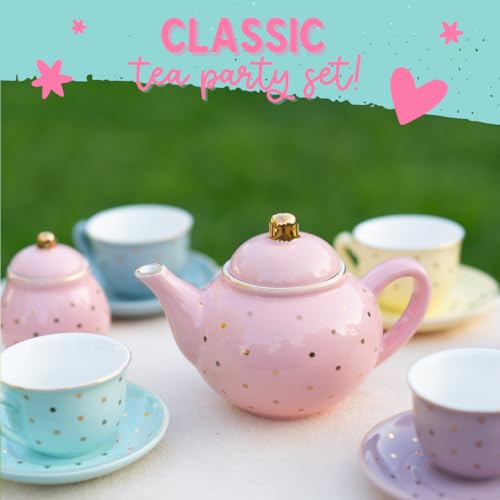 image for Giggle & Honey Porcelain Tea Set for Girls - Pastel with Gold Polka Do