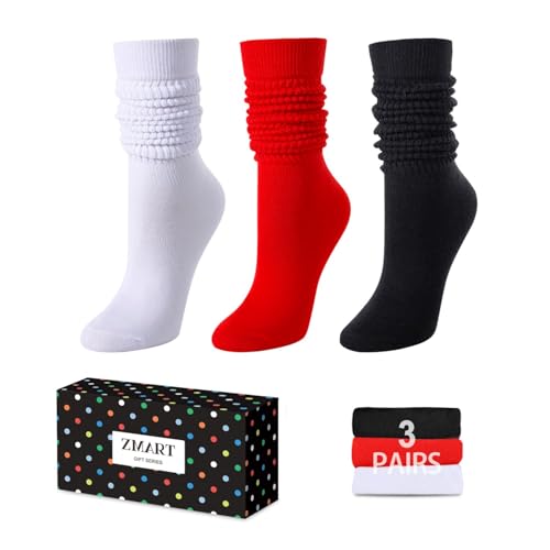 Zmart Slouch Socks for Women Girls - White Black Red Knee Slouchy Scrunch Tube Calf 80s 90s Boot Socks Size 5-10 Boot 3 Pairs