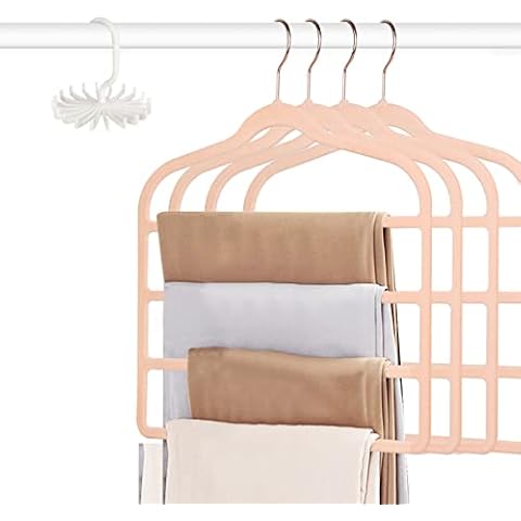 Tinfol Pink Pants Hanger Space Saving, 4PACK 4 Layers Velvet Pants Rack, Non-Slip Jeans Hangers, Multiple Pant Hangers Closet Storage Organizer for Pants Jeans Scarf Towels Tie Towel Clothes Cover