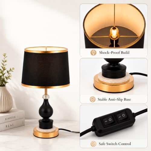 Image of Black and Gold Decorative Table Lamp with Crystal Glass & Fabric Shade | 48 cm Height, Inbuilt Base LED, Bulb Included