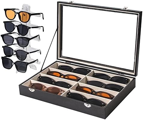 12 Slot Sunglass & Jewelry Organizer Box - Wooden Case With Velvet Lining For Display & Storage