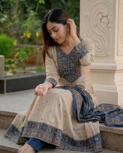 Image of ANNI Designer Kurta Sets for Women Viscose Printed | Kurta Pant Dupatta Set | A-Line Kurti Set for Women | Round Neck 3 /4 Sleeve Ethnic Suit | Designer Indian Kurti Outfit with Pants