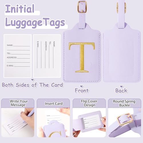 Image of Initial Letter Luggage Tag for Suitcase, Cute Luggage Bag, Waterproof PU Leather Travel Luggage Tag, Suitcase Identifier Name Tag, Monogrammed Suitcases Tags, Bag Tags for Handbags(Purple T)