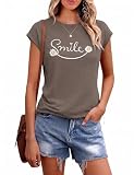 Aottori Camiseta Mujer Verano Manga Corta Camisetas Cuello Redondo con Estampado T-Shirt Basica Suelta Top Marrón M