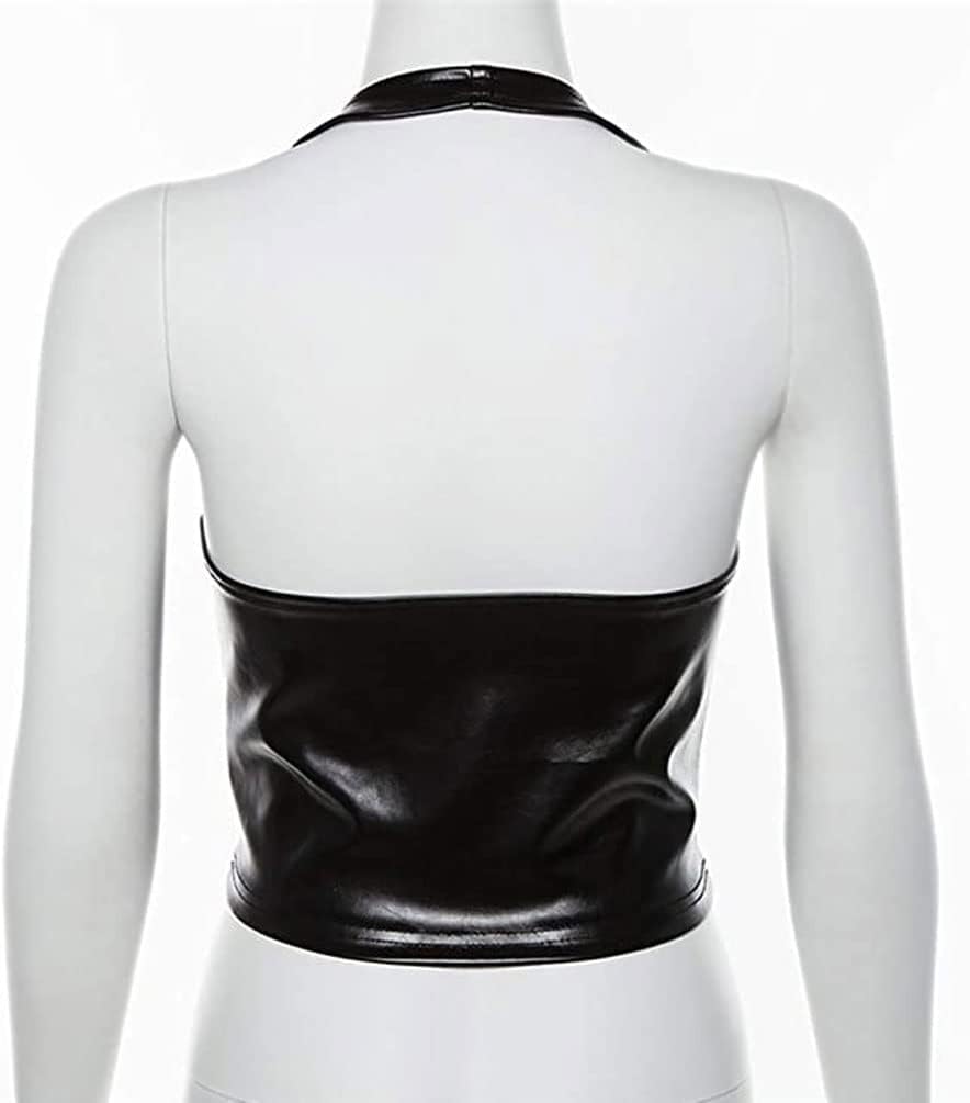 Women Sexy Corset Tops, Adjustable Spaghetti Straps PU Leather Bustier Crop Top Rave Outfit Party Club Night Black - Image 6