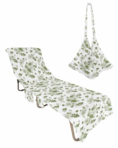 Sage Green Botanical Beach Lounge Chair Towel Cover, Soft Chaise Lounge Towel with Side Pockets Patio Pool Chairs Cover for Beach/Pool Sunbathing 29x85 Spring Floral Pastoral Watercolor