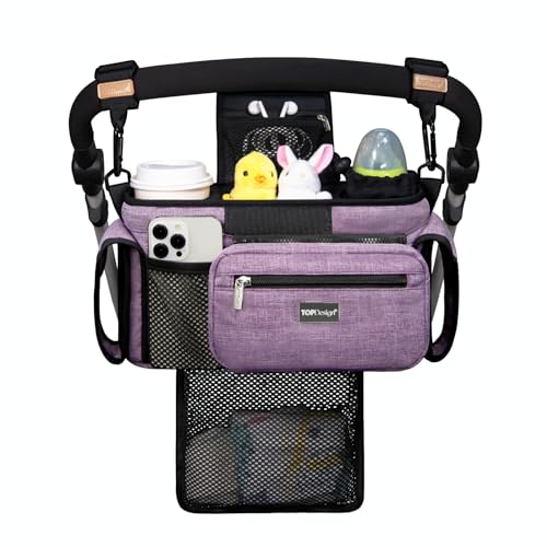Image of TOPDesign Universal Baby Stroller Organizer, Stroller Caddy with Detachable Mesh Bag & Heightened Insulated Cup Holders & Non-Slip Secure Hooks Accessories, Fits Most Strollers (Purple)