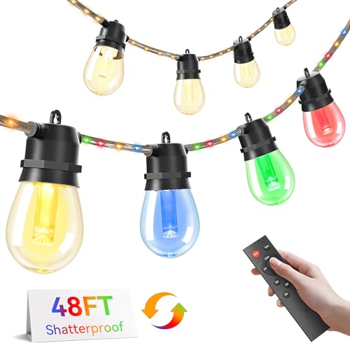 Brightever LED Outdoor String Lights Waterproof, RGBW 48FT Patio Lights with 15 S14 LED Bulbs...