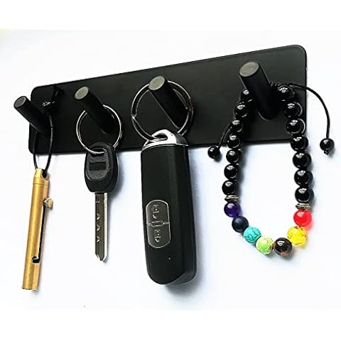 FULLINY Key Holder for Wall Adhesive Key Hooks for Wall with 4 Key Hooks, Key Hanger Key Rack for Wall, Stainless Steel Heavy Duty Adhesive Hooks for Hanging, Black, No Screw Holes Cover