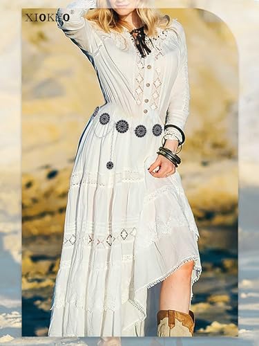 Image of Turquoise Belt Silver Western Chain Belt, Cowgirl Concho Style with Turquoises Embellishment for Women (Sunflower Mix-Black, Fits low waist 31-35''(47'' total))