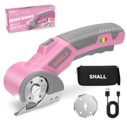 SHALL 4V Cordless Electric Scissors, Rechargeable Cardboard Cutter, Rotary Electric Box Cutter w/Safety Lock, LED Light & Replacement Blade for Fabric, Leather, Carpet, Cardboard & Plastic, Pink/Grey