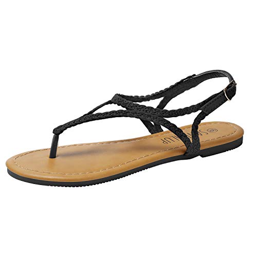 SANDALUP Braided Thong Flat Sandals w Hang Metal Buckle for Women Black 08