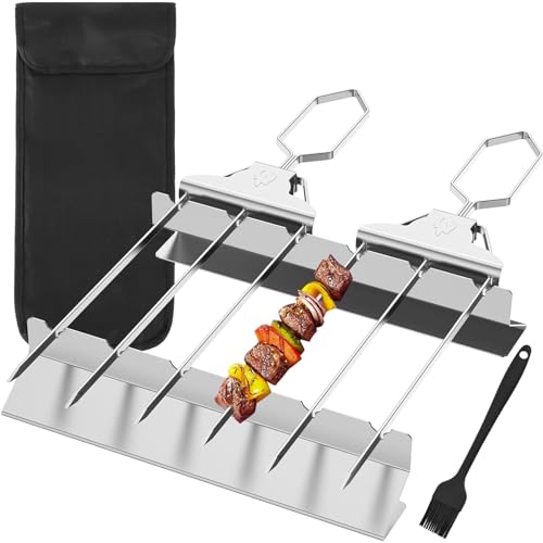 Pipihome 2 Pièce Brochettes pour Barbecue, Brochettes en Acier Inoxydable à 3 Pointes, Pique Brochette avec Brosses, Pique a Brochette, Pic Brochette Inox, Réutilisables Brochettes de Viande Légumes