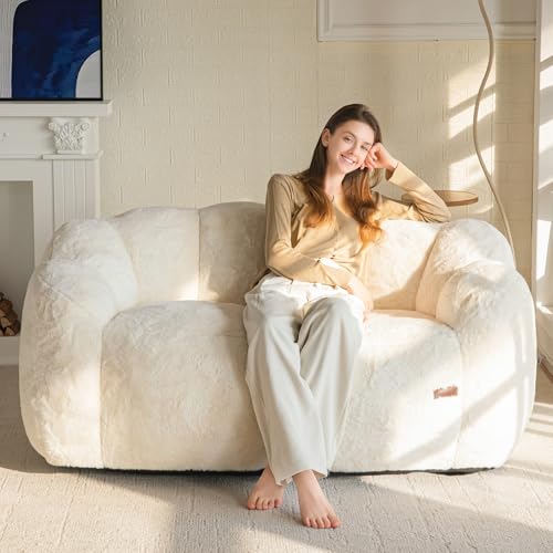 Image of MAXYOYO Bean Bag Chair for Adults, Loveseat Floral Shaped Bean Bag Sofa, Ultra Soft Love Seat Mini Sofa Couch, Faux Fur Reading Chair for Living Room Bedroom, Beige