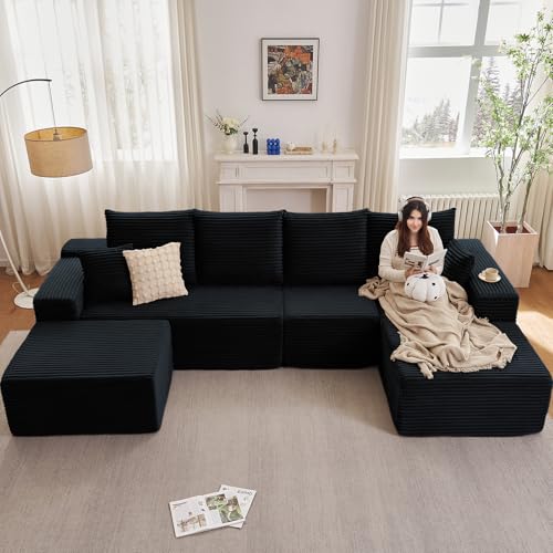 Image of Lakifun 135 inch U-Shape Cloud Couch, Modern Modular Sectional Comfy L-Shape Sofa with Ottoman, Deep Seat, Upholstered Corduroy Sleeper Chaise Longue for Living Room Bedroom, No Assembly Required, Black