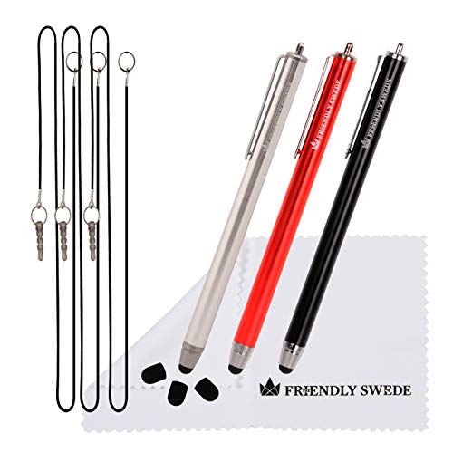 The Friendly Swede Invoerpen Aanraakpen Stylusstift (Set van 3) voor Tablet en Mobiele, met dunnere Punt, Reservepunten, Hangers en Reinigingsdoekje