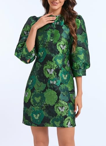 Ladyful Women's Floral Jacquard Shift Dress 2025 Long Puff Sleeve Button Up Elegant Cocktail Party Mini Dress4