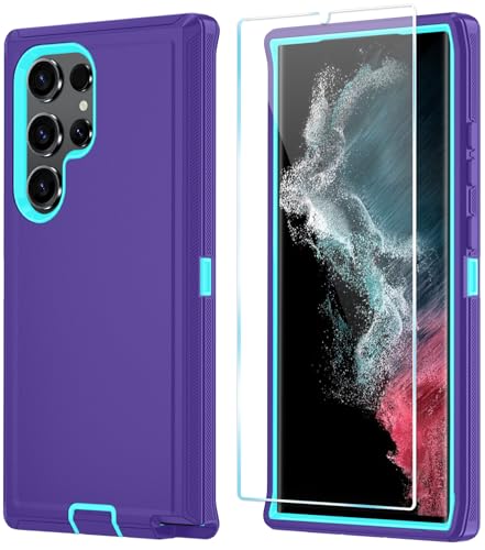 ONOLA Phone Case for Samsung Galaxy S22 Ultra Case with HD Screen Protector, Heavy Duty Shockproof & Dropproof 3-Layer Cover Phone Case for Galaxy S22 Ultra 6.8'',PurpleSkyblue