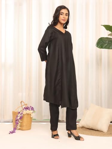 Image of Varanga Women's Violet Strap Kurta with Tonal Bottom & Printed Dupatta - Round Neck, Side Slit Design, Stylish & Comfortable