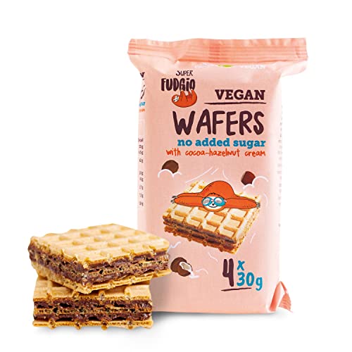 SUPER FUDGiO BIO Waffeln mit Kakao- und Haselnusscreme ohne Zucker und Palmöl | Veganer Snack ohne Zuckerzusatz 4x30g (8er Pack)