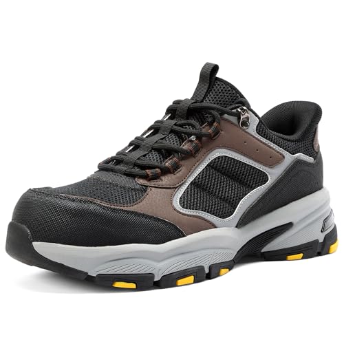 YMXSUPPER Steel Toe Shoes for Men Hands Free Step in Work Sneakers Lightweight Slip On Safety Shoes Breathable Puncture Resistant Industrial Construction Footwear Black Grey 10.5