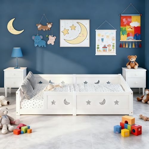 BestAlice Bodenbett 90x200 cm, Montessori Kinderbett mit Rausfallschutz & Lattenrost, hausbett Einzelbett, Kiefer Massivholz Bettgestell, Kinder Bett Gitterbett, Ohne Matratze, Weiß