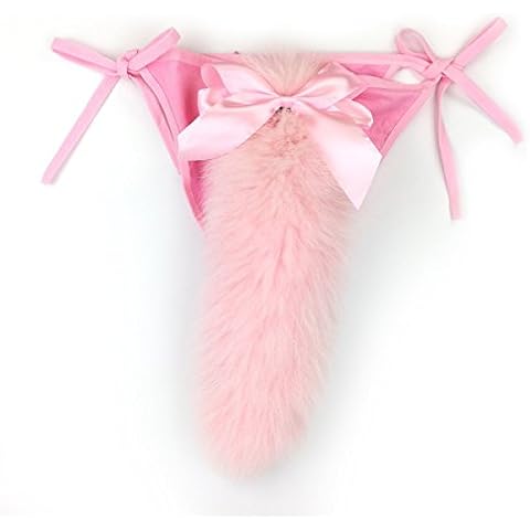 Intimate Lover Cat Cosplay Costumes Lolita Fox Tail Panties Fur G-String Plush Thong Panties with Bow Clip (Style A) Pink Cover