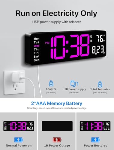 Image of 15-Inch Digital Wall Clock with Large LED Display - Remote Control, Auto-Dimming, Night Light, Date, Day, Temperature, DST Function - Ideal for Living Room, Bedroom (16 Inch Rose Red)