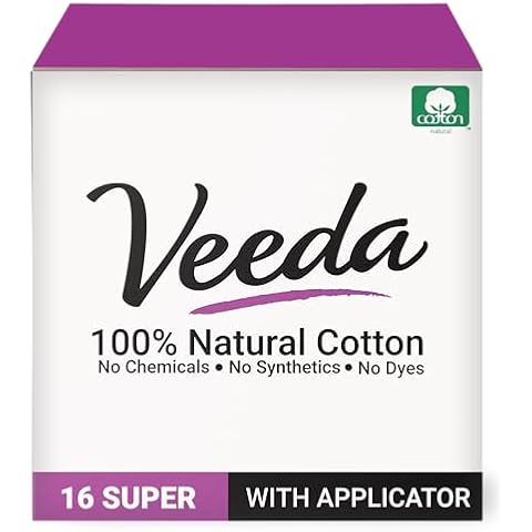 Veeda 100% Natural Cotton Tampons - Super Absorbency with Leak Proof Protection - Compact BPA-Free Applicator - Unscented & Free from Chlorine, Toxin - 16 Count Cover