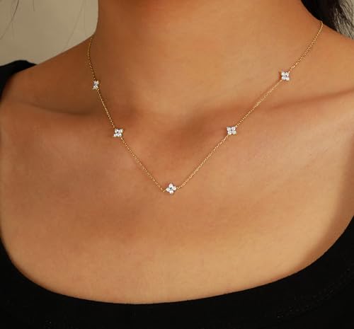 XAYAH Dainty Lucky Leaf Necklace for Women 925 Sterling Silver Trendy 14K Gold Plated Cute White CZ Flowers Pendant Choker Necklaces to Daughter Mom Stackable Chain Wedding Prom Brides Jewelry4