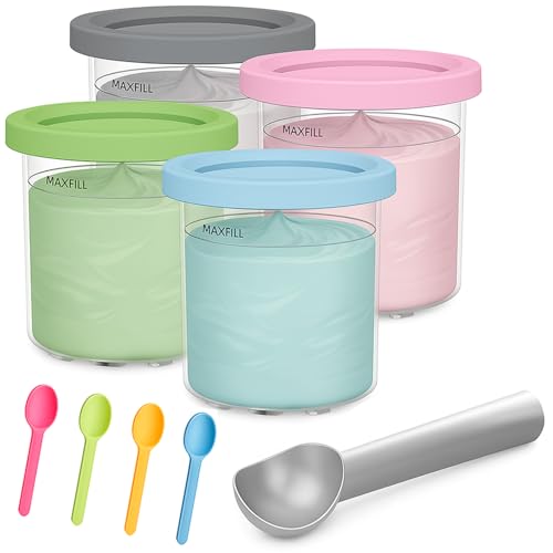 TAWAQAL Creami Tubs 4 Pack 16oz Polycarbonate Containers with Lids Stainless Steel Scoop & Multicolor Spoons Compatible Creami Ice Cream Maker Deluxe Creami Tubs & Swirl Tub