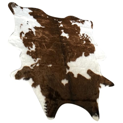 IMIKEYA Alfombra Mullida de Pelo Sintético Estampado de Vaca Blanco y Marrón, Tamaño 110x84 Cm, Alfombra Antideslizante para Sala de Estar y Dormitorio, Felpudo Decorativo y Cálido Hogar