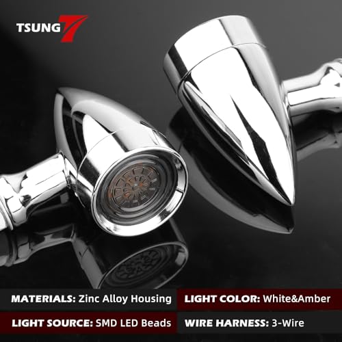 Image of TSUNG Universal Motorcycle LED Turn Signals Small Bullet Front Rear Blinkers Tail Lights for Cruiser Chopper Bobber Cafe Racer Street Bike (White&Amber Light-Chrome)