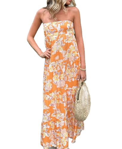 Image of Women Floral Print Maxi Tube Dress Strapless Flowy Long Bandeau Dress Y2K Open Back Sundress Summer Beachwear