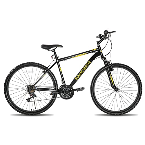 Foto von HH HILAND BAMCBASE 26 Zoll Mountainbike mit 21 Gang Drehgriffschaltung, Hardtail-Fahrrad aus Hartstahl für Erwachsene mit Federgabel, Herren Junge Schwarz MTB