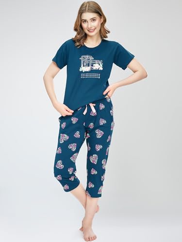 Image of ZEYO Night Suit for Women's Heart Printed Cotton Night Dress of Top and Capri Set 5747